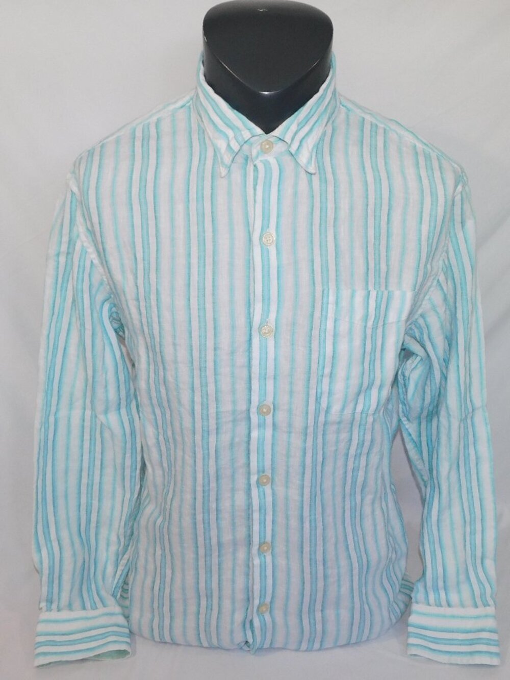 Tommy Bahama Linen Blue White Striped Long Sleeve Button Front Shirt Mens M
